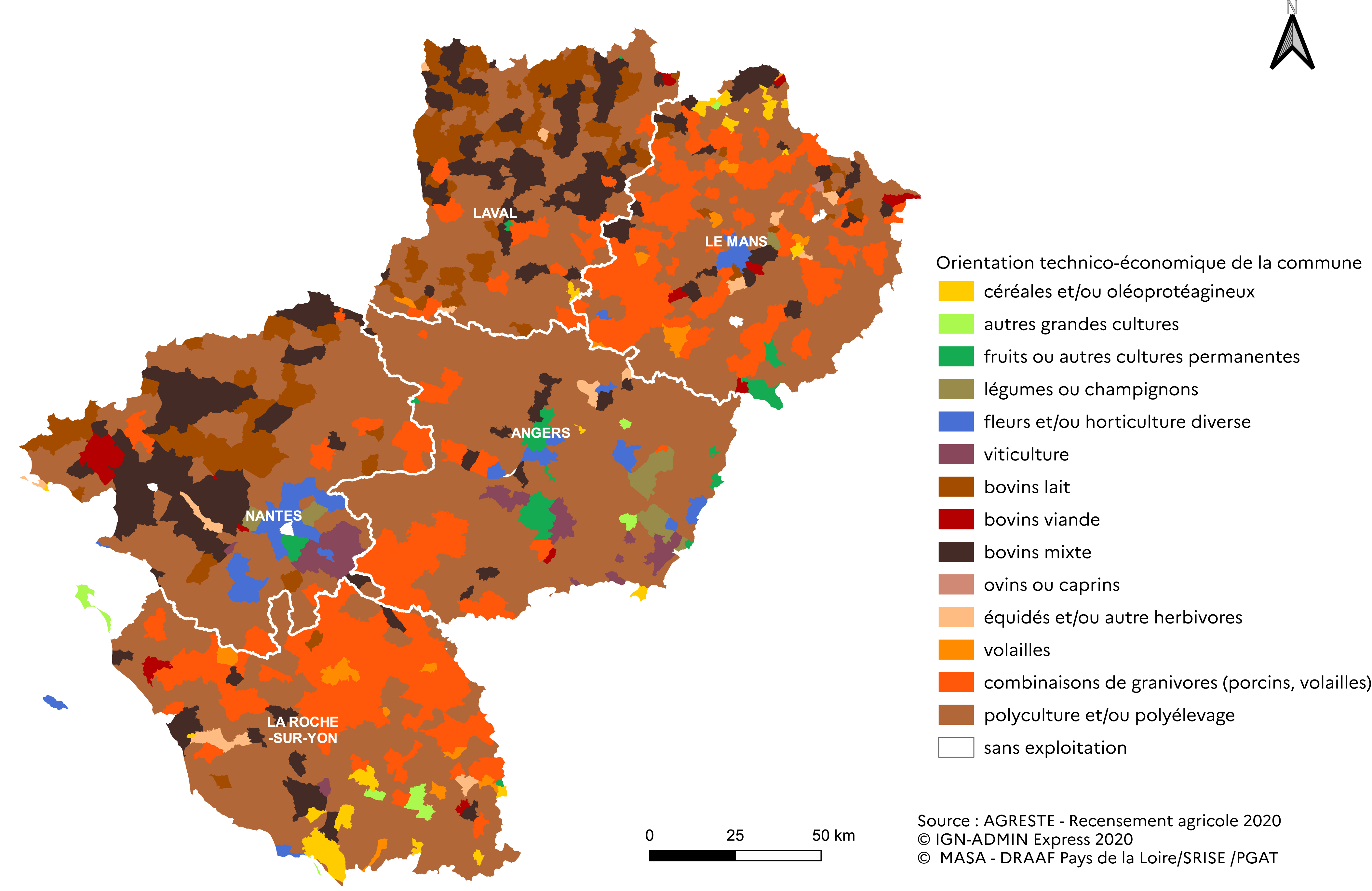 Carte 1 : spécialisation de la production agricole en 2020 - Orientation technico-économique (Otex) à l'échelle communale - voir la transcription ci-dessous