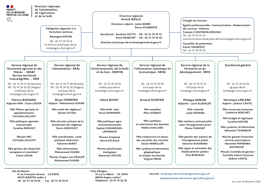 organigramme DRAAF Pays de la Loire au 06 janvier 2026 - voir la transcription ci-dessous