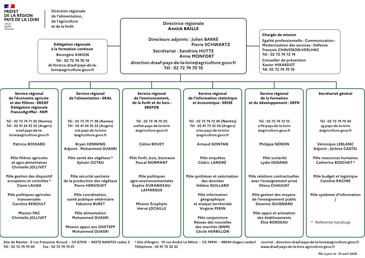 organigramme DRAAF Pays de la Loire au 1er avril 2025 - voir la transcription ci-dessous