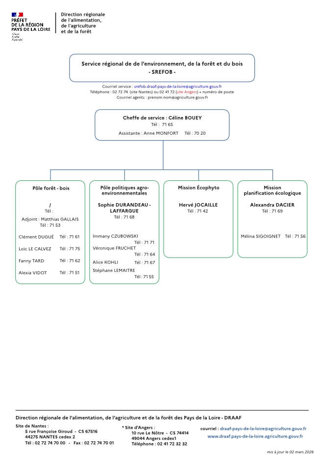 organigramme service régional environnement forêt bois de la DRAAF Pays de la Loire au 02 mars 2026 - voir la transcription ci-dessous