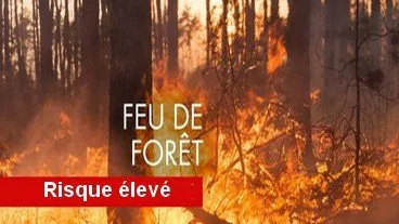 photo d'un incendie de forêt avec un bandeau risque élevé