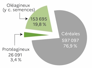 Le graphique 1 d&eacute;crit la proportion des c&eacute;r&eacute;ales, des ol&eacute;agineux et des prot&eacute;agineux dans la r&eacute;gion des Pays de la Loire en 2024. Elle d&eacute;crit aussi les proportions de chaque c&eacute;r&eacute;ale. Les c&eacute;r&eacute;ales totalisent 77 % de l'ensemble des COP et le bl&eacute; tendre, 38 %.