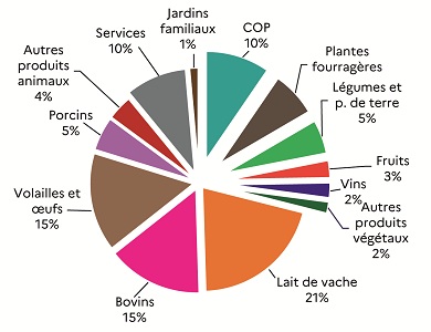 La production agricole ligérienne (yc subventions) s'établit à 8,93 milliards d'euros en 2024, soit 10,1 % de la valeur de la production métropolitaine Ce graphique décrit le poids de chaque poste agricole dans la production régionale totale. Par ordre d'importance : le lait de vache (21%) suivi des volailles et oeufs et les bovins (15% chacun), les COP et les services (10% chacun), les fourrages (7%), des légumes et porcins (5 % chacun), les autres productions animales (4%), les fruits (3%), les vins et les autres productions végétales (2% chacun) et pour finir, les jardins familiaux (1%).