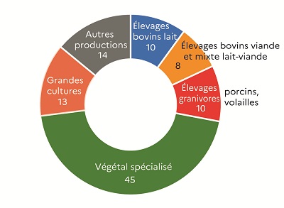 Ce graphique présente la répartition du volume de travail agricole en équivalent temps plein (ETP) par orientation technico-économique des exploitations en 2020 en Maine-et-Loire. Le secteur végétal spécialisé domine avec 45 % du volume total de travail, reflet du poids des filières viticoles, arboricoles, maraîchères et horticoles. Les grandes cultures comptent pour 13 %. Les élevages granivores (porcins, volailles) représentent 10 % du volume total. Les élevages bovins lait et les élevages bovins viande et mixte lait-viande contribuent chacun à 10 % et 8 % du volume de travail.