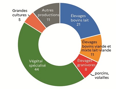 Ce graphique présente la répartition du volume de travail agricole en équivalent temps plein (ETP) par orientation technico-économique des exploitations en 2020 en Loire-Atlantique. Le secteur végétal spécialisé domine avec 44 % du volume total de travail, reflet du poids des productions maraîchères et viticoles. Les élevages bovins lait occupent la deuxième place avec 21 % du total, confirmant le poids de la filière laitière. Les élevages bovins viande et mixte lait-viande contribuent à 11 %. Les élevages granivores (porcins, volailles) représentent 8 % du volume total. Enfin, les grandes cultures comptent pour 5 % du volume de travail.