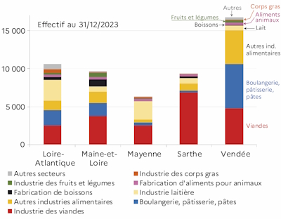 Le graphique 1 d&eacute;crit la r&eacute;partition des emplois salari&eacute;s en fin d'ann&eacute;e 2023 selon les d&eacute;partements de la r&eacute;gion des Pays de la Loire par type d'activit&eacute; des IAA hors artisanat commercial et hors tabac. 
