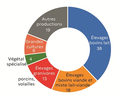 Ce graphique présente la répartition du volume de travail agricole en équivalent temps plein (ETP) par orientation technico-économique des exploitations en 2020 en Mayenne. Les élevages bovins lait dominent avec 38 % du volume total de travail, illustrant la forte spécialisation laitière du département. Les élevages bovins viande et mixte lait-viande représentent 18 % du volume total. Les élevages granivores (porcins, volailles) comptent pour 13 %. Les grandes cultures contribuent à 8 %. Enfin, le secteur végétal spécialisé représente 4 % du volume total de travail.