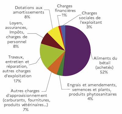 Le graphique 8 décrit les charges dans les exploitations agricoles spécialisées porcins en 2023 en France. L'alimentation représente plus de la moitié des charges.