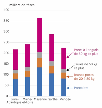 Le graphique 2 décrit la répartition de l'effectif porcin en Pays de la Loire en 2024 par département et par catégorie. La Mayenne détient 27% du cheptel.