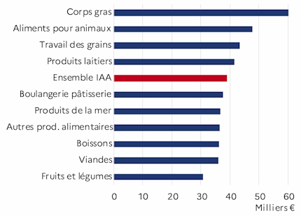 Le graphique 5 d&eacute;crit la r&eacute;mun&eacute;ration moyenne par salari&eacute;, des activit&eacute;s des IAA au niveau groupe par ordre d&eacute;croissant pour l'ann&eacute;e 2023 pour le d&eacute;partement de la Loire-Atlantique. L'industrie des corps gras r&eacute;mun&eacute;re le mieux.