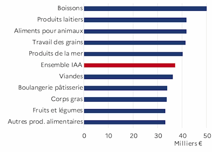 Le graphique 5 d&eacute;crit la r&eacute;mun&eacute;ration moyenne par salari&eacute;, des activit&eacute;s des IAA au niveau groupe par ordre d&eacute;croissant pour l'ann&eacute;e 2023 pour le d&eacute;partement du Maine-et-Loire. L'industrie des boissons r&eacute;mun&eacute;re le mieux.