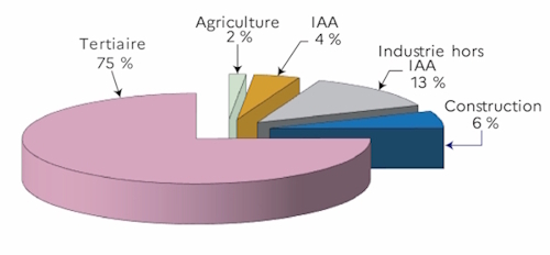 Le graphique d&eacute;crit la part de l'emploi salari&eacute; de l'agriculture, des industries agroalimentaires et des autres industries hors IAA, de la construction, du secteur tertiaire de la r&eacute;gion des Pays de la Loire pour l'ann&eacute;e 2024. Les industries agroalimentaires mobilisent 4 % de l'emploi salari&eacute; et 25 % de l'emploi industriel r&eacute;gional.
