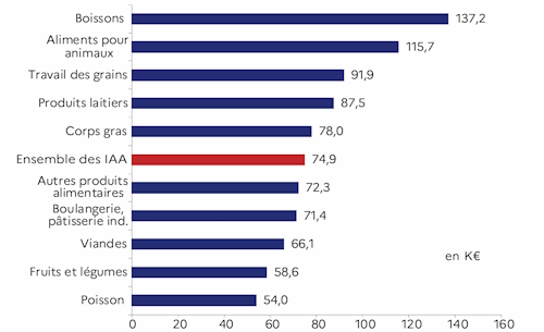 Le graphique d&eacute;crit la productivit&eacute; apparente du travail par ordre d&eacute;croissant des activit&eacute;s des IAA en 2023. L'industrie des boissons a la meilleure productivit&eacute; apparente du travail des IAA pour la r&eacute;gion des Pays de la Loire.