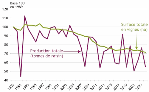 Le graphe 2 pr&eacute;sente, pour la p&eacute;riode 1989-2024 (base 100 en 1989), l'&eacute;volution - tendanciellement orient&eacute;e &agrave; la baisse - des volumes de production de vins et des surfaces viticoles dans la r&eacute;gion Pays de la Loire. La source de donn&eacute;es utilis&eacute;e est la SAA (Agreste - statistique agricole annuelle). 