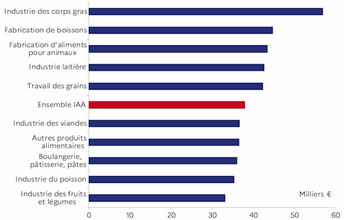 Le graphique d&eacute;crit les salaires moyens par ordre d&eacute;croissant des activit&eacute;s des IAA en 2023. L'industrie des corps gras r&eacute;mun&egrave;rent le plus pour la r&eacute;gion des Pays de la Loire.