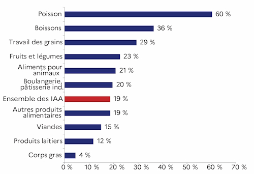 Le graphique d&eacute;crit le taux d'investissement par ordre d&eacute;croissant des activit&eacute;s des IAA en 2023. L'industrie des poissons a le meilleur taux d'investissement des IAA pour la r&eacute;gion des Pays de la Loire.