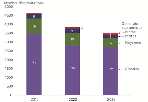 Entre 2010 et 2023, le nombre total d'exploitations avicoles diminue fortement, passant de 4 600 &agrave; 3 500, soit une baisse de 24 %. En 2023, les exploitations ayant des volailles sont majoritairement de grande taille : 2 700 exploitations rel&egrave;vent de cette cat&eacute;gorie, soit 77 % de l'ensemble. En 2010, les 3 500 grandes exploitations repr&eacute;sentent d&eacute;j&agrave; 75&nbsp;% du total, refl&eacute;tant une structuration du secteur autour de grandes unit&eacute;s. Les moyennes structures voient leur poids num&eacute;rique s'effriter sur la p&eacute;riode, passant de 19&nbsp;% du total en 2010 &agrave; 15&nbsp;% en 2023. Les petites et micro exploitations sont peu pr&eacute;sentes avec 5&nbsp;% et 3&nbsp;% du total en 2023.