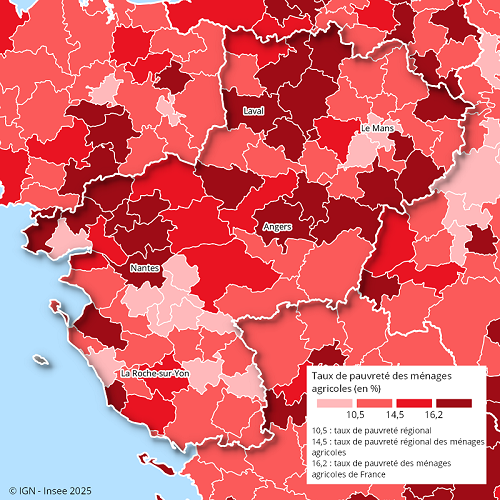 Taux de pauvreté de la population des ménages agricoles en 2020 par intercommunalité La carte présente les taux de pauvreté des ménages agricoles dans les intercommunalités des Pays de la Loire et les intercommunalités limitrophes. Elle permet d'identifier où se situent les ménages agricoles les plus pauvres et les moins pauvres de la région. Elle est construite en quatre classes, en utilisant des limites spécifiques à partir du taux de pauvreté régional (10,5 %), du taux de pauvreté régional des ménages agricoles (14.5 %) et du taux de pauvreté des ménages agricoles de France (16,5 %).