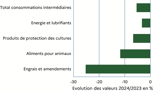 Graphique 6 : la chute des prix (- 7,7 %) compense une plus grande utilisation des intrants (+2,4%) Le graphique décrit l'évolution entre 2023 et 2024 de la valeur des consommations intermédiaires. La valeur totale se replie (-5,4%). La baisse est particulièrement remarquée pour les engrais et amendements (-25,3%), suivie de l'alimentation animale (-11,8%). Celle des produits de protection des cultures et de l'énergie est plus modérée (respectivement -6,7% et -3,3%).