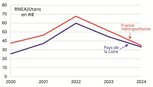 Graphique 7 : la baisse du revenu net d'entreprise agricole par actif non salarié (RNEAUtans) est limitée par la diversité des productions dans la région mais ne reflète pas les écarts entre les filières Le graphique montre l'évolution entre 2020 et 2024 du revenu net d'entreprise agricole par actif non salarié en Pays de la Loire et en France métropolitaine. Les 2 courbes évoluent en parallèle jusqu'à devenir très proches en 2024. Le revenu augmente entre 2020 et 2022 et poursuit une baisse amorcée en 2023.