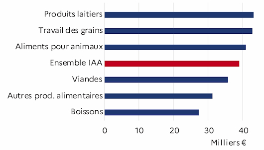 Le graphique 5 d&eacute;crit la r&eacute;mun&eacute;ration moyenne par salari&eacute;, des activit&eacute;s des IAA au niveau groupe par ordre d&eacute;croissant pour l'ann&eacute;e 2023 pour le d&eacute;partement de la Mayenne. L'industrie laiti&egrave;re et du travail du grain r&eacute;mun&eacute;rent le plus.
