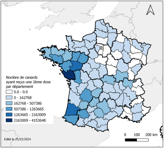 Carte de France indiquant, par département, le volume de deuxième vaccination des canards. Le département de Vendée se situe dans une fourchette de 2,163 millions à 4,154 millions de canards ayant reçu une deumième injection. C'est le seul département de France ayant atteint ce niveau de vaccination.