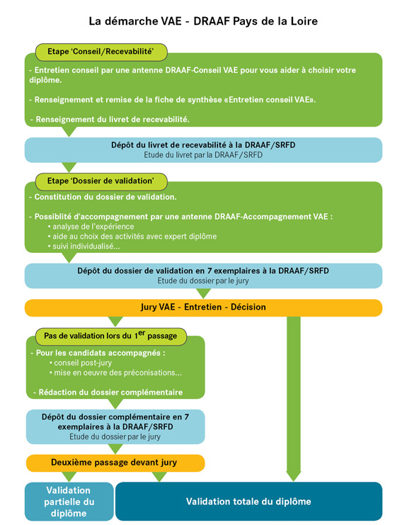 Schéma des 3 étapes de la procédure de validation des acquis de l'expérience : étape "conseil/recevabilité", étape "dossier de validation", étape "jury et décision". Ce schéma est détaillé à la suite dans le corps de l'article