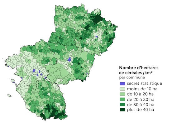 La carte 2 d&eacute;crit la densit&eacute; par commune des Pays de la Loire des surfaces implant&eacute;es en c&eacute;r&eacute;ales pour la d&eacute;claration 2024.