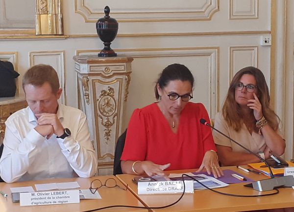 de gauche à droite : Olivier Lebert, président de la chambre d'agriculture de région, Annick Baille, directrice régionale de l'aimentation, de l'agriculture et de la forêt, Urwana Querrec-Halléguen, secrétaire générale aux affaires régionales