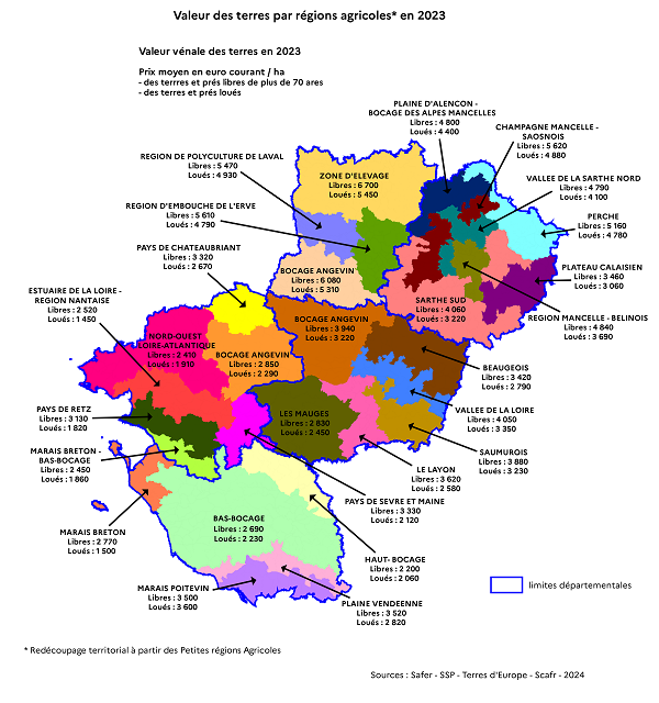 Image de la carte de la valeur vénale des terres en 2023 en Pays de la Loire par petites régions agricoles