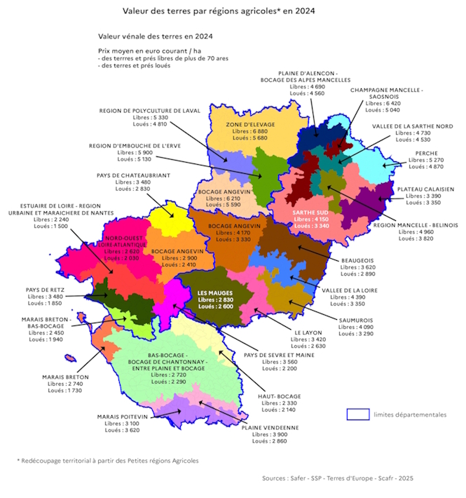 Image de la carte de la valeur vénale des terres en 2024 en Pays de la Loire par petites régions agricoles