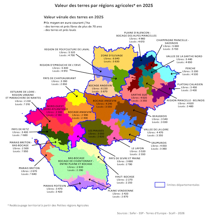 Image de la carte de la valeur v&eacute;nale des terres en 2025 en Pays de la Loire par petites r&eacute;gions agricoles