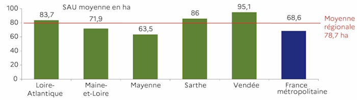 Le graphe compare, &agrave; partir des donn&eacute;es du recensement agricole 2020, la surface agricole utile (SAU) moyenne, pour la France m&eacute;tropolitaine, la r&eacute;gion Pays de la Loire et ses cinq d&eacute;partements. Les plus grandes SAU moyennes caract&eacute;risent la Vend&eacute;e (95,1 ha), la Sarthe (86 ha) et la Loire-Atlantique (83,7 ha) alors que le Maine-et-Loire (71,9 ha), la Mayenne (63,5 ha) ainsi que la France m&eacute;tropolitaine (68,6 ha) affichent une valeur inf&eacute;rieure &agrave; la SAU moyenne r&eacute;gionale de 78,7 ha. 