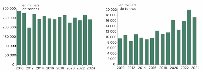 Ces deux histogrammes illustrent l'&eacute;volution de la production annuelle de pommes et de poires depuis 2010. Si on occulte le ph&eacute;nom&egrave;ne d'alternance, la production de pommes reste globalement &eacute;lev&eacute;e avec une l&eacute;g&egrave;re tendance &agrave; la baisse depuis 2010. A l'inverse, la production de poires progresse globalement au fil des ann&eacute;es.