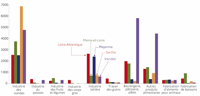 Le graphique d&eacute;crit l'effectif salari&eacute; par activit&eacute; des IAA et par d&eacute;partement lig&eacute;rien en 2023. Quatre salari&eacute;s sur dix sont employ&eacute;s dans l'industrie des viandes.