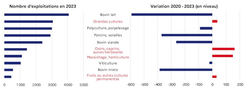 Le graphique 3 d&eacute;crit la r&eacute;partition des fermes par Otex en 2023 la diff&eacute;rence du nombre de fermes entre 2020 et 2023 en niveau. Ce sont les exploitations de sp&eacute;cialisation bovins lait et bovins mixtes qui cessent le plus leur activit&eacute;.