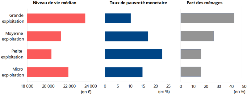 La taille économique de l'exploitation (grande, moyenne, petite ou micro) influence le niveau de vie et le taux de pauvreté du ménage agricole. La part des ménages agricoles permet d'observer la représentation de chacune des catégories.