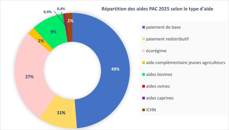 Le graphique pr&eacute;sente en pourcentage la r&eacute;partition des aides PAC vers&eacute;es en 2025 dans la r&eacute;gion des Pays de la Loire selon le type d'aide. Les paiements de base repr&eacute;sentent 49 % des aides vers&eacute;es. L'&eacute;cor&eacute;gime couvre 27 % des aides, les paiements redistributifs 11%, les aides bovines 9 %. L'ICHN ainsi que les aides compl&eacute;mentaires vers&eacute;es aux jeunes agriculteurs repr&eacute;sentent chacune 2%, tandis que les aides ovines et caprines couvrent chacunes 0,4% du total r&eacute;gional.