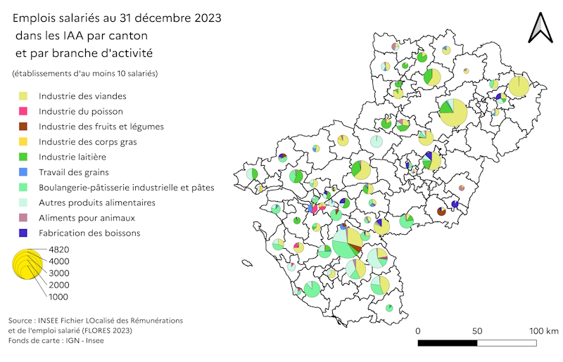 La carte d&eacute;crit les emplois salari&eacute;s dans les industries agroalimentaires par cantons et par branche d'activit&eacute; pour les Pays de la Loire. Le champ sont les &eacute;tablissements d'au moins 10 salari&eacute;s. 