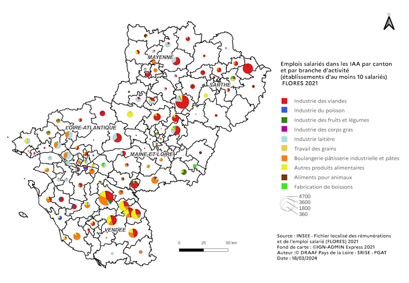 La carte d&eacute;crit les emplois salari&eacute;s dans les industries agroalimentaires par cantons et par branche d'activit&eacute; pour les Pays de la Loire. Le champ sont les &eacute;tablissements d'au moins 10 salari&eacute;s. 