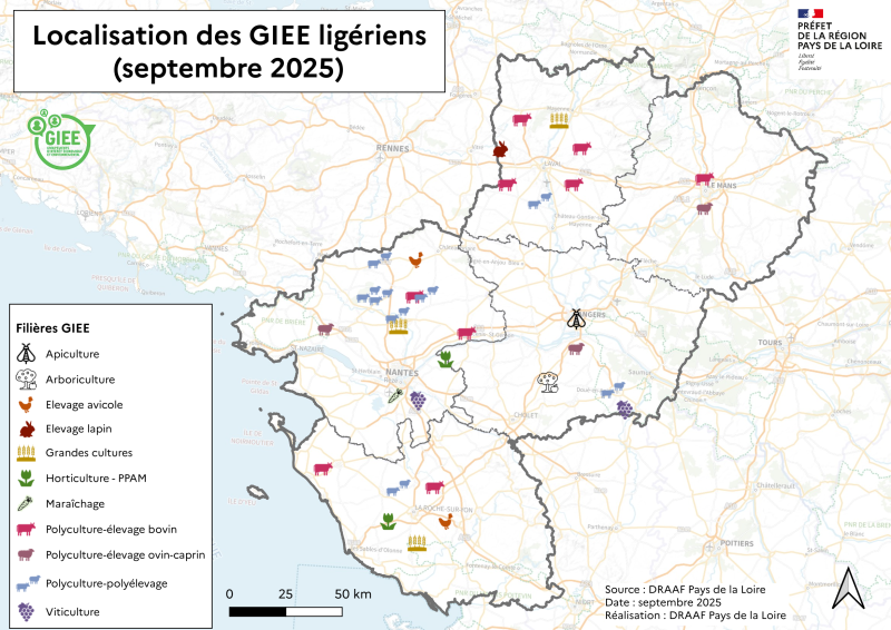 Carte g&eacute;ographique des Pays de la Loire localisant les GIEE par fili&egrave;re dans les 5 d&eacute;partements