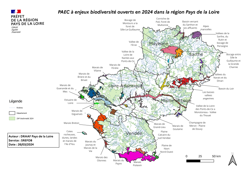 Carte de la région des Pays de la Loire intitulée PAEC à enjeux "biodiversité" ouverts en 2024 dans la région des Pays de la Loire, identifiant les territoires concernés par la possibilité de contractualiser des mesures agroenvironnementales et climatiques sur la thématique de la biodiversité.