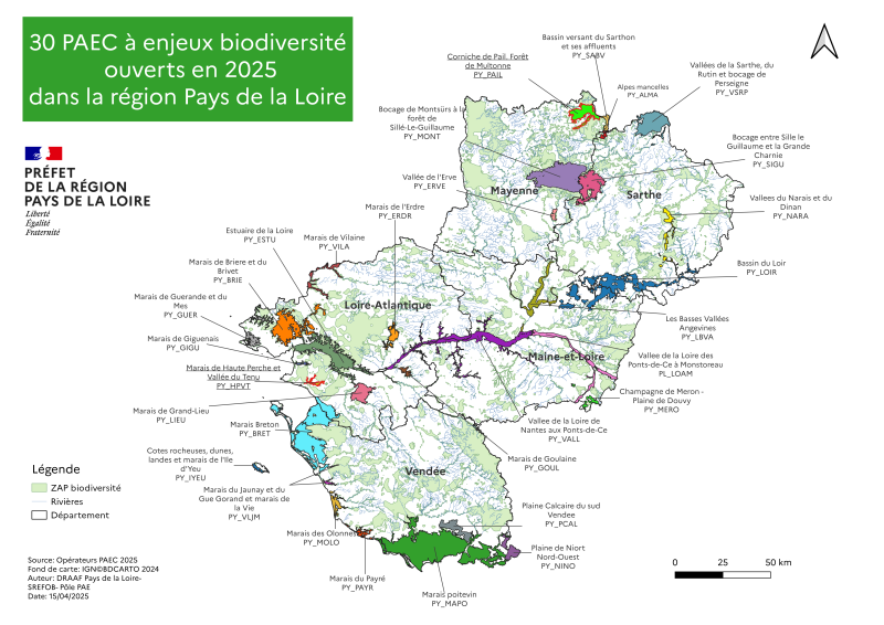 Carte de la région des Pays de la Loire intitulée PAEC à enjeux "biodiversité" ouverts en 2025 dans la région des Pays de la Loire, identifiant les territoires concernés par la possibilité de contractualiser des mesures agroenvironnementales et climatiques sur la thématique de la biodiversité.
