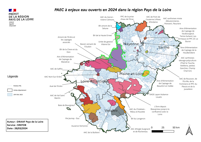 Carte de la région des Pays de la Loire intitulée PAEC à enjeux "eau" ouverts en 2024 dans la région des Pays de la Loire, identifiant les territoires concernés par la possibilité de contractualiser des mesures agroenvironnementales et climatiques sur la thématique de l'eau.